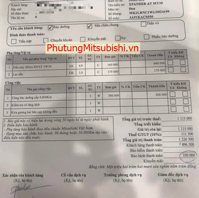 Chi phí bảo dưỡng xe Mitsubishi Xpander Cross