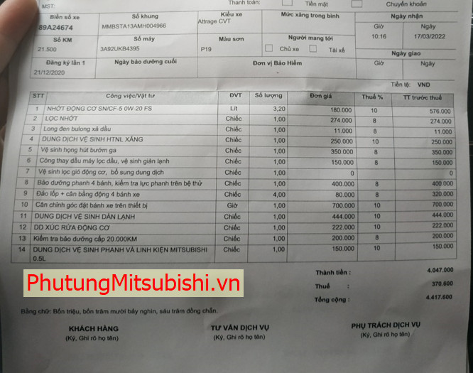 Chi phí bảo dưỡng xe Mitsubishi Attrage