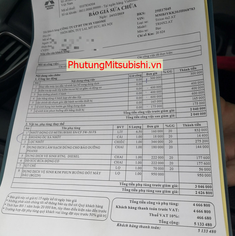 Chi phí bảo dưỡng xe Mitsubishi Triton