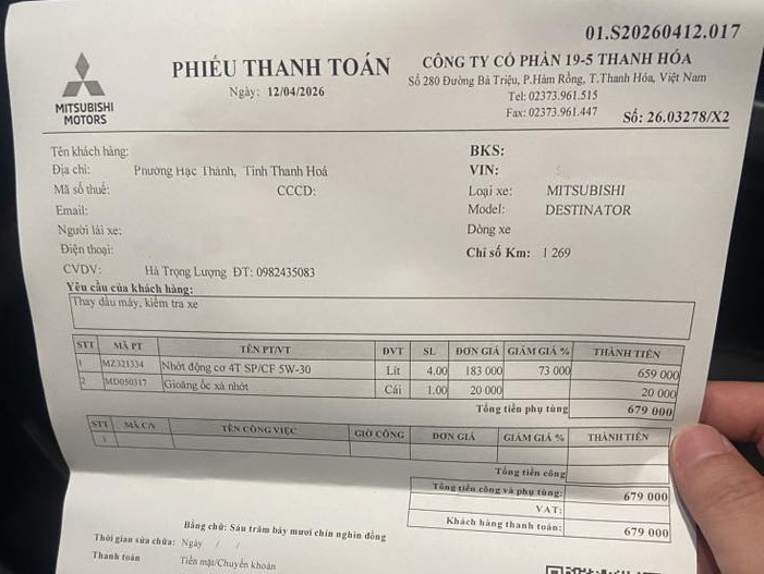 Chi ph&iacute; bảo dưỡng Mitsubishi Destinator 1000km