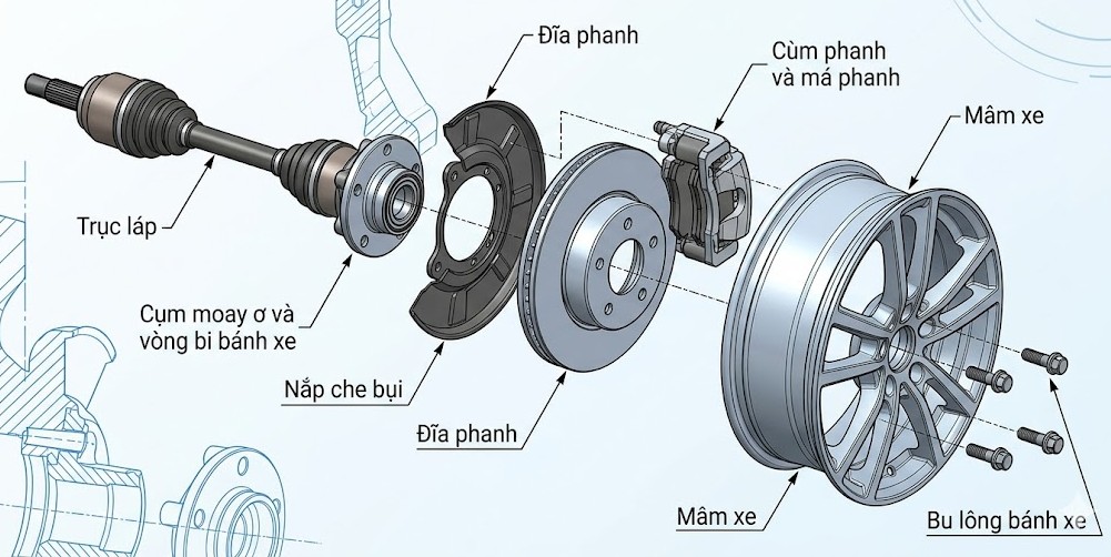 Vị trí của moay ơ trên cụm bánh xe ô tô