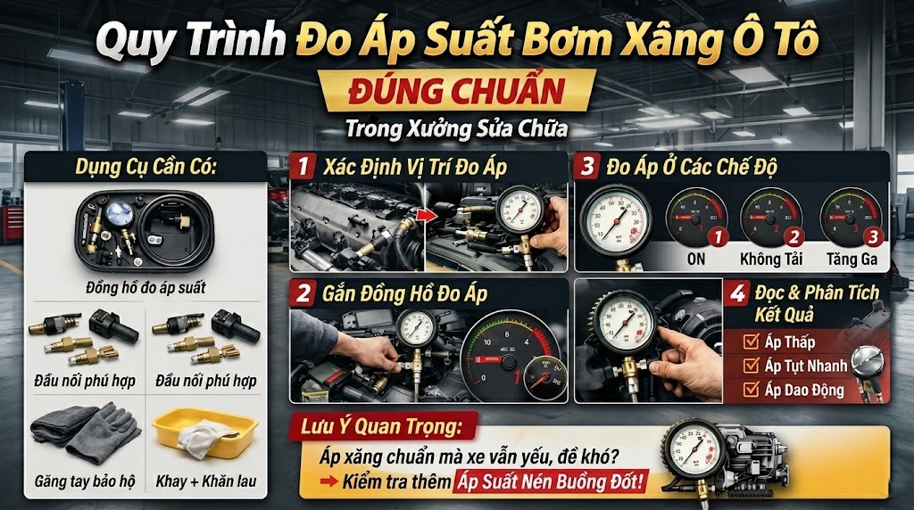 Các bước thực hiện đo áp suất bơm xăng thực tế