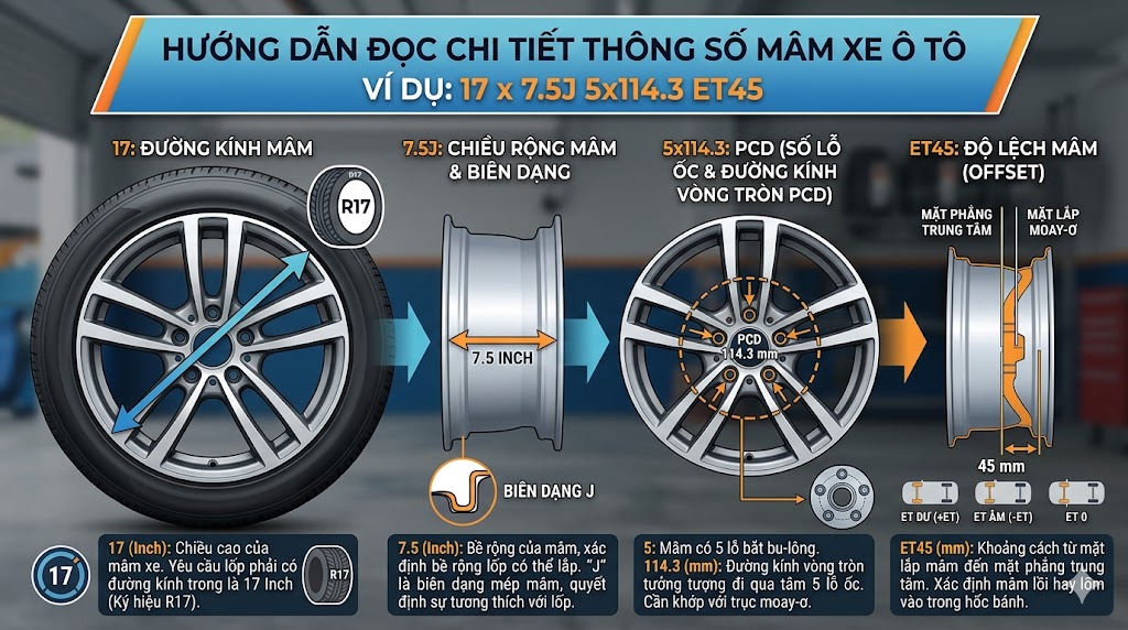 C&aacute;ch đọc c&aacute;c th&ocirc;ng số tr&ecirc;n m&acirc;m xe &ocirc; t&ocirc;