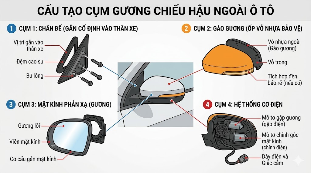 Cấu tạo chi tiết của cụm gương chiếu hậu ngo&agrave;i &ocirc; t&ocirc;