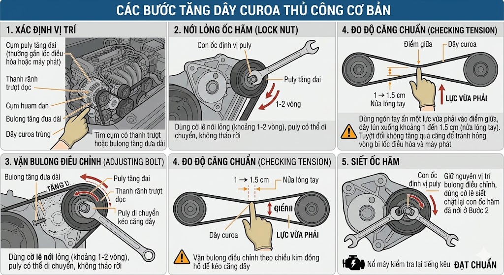 Hướng dẫn cách tăng dây curoa ô tô đúng kỹ thuật