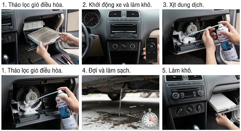 Các bước thực hiện bằng dung dịch vệ sinh dàn lạnh ô tô an toàn