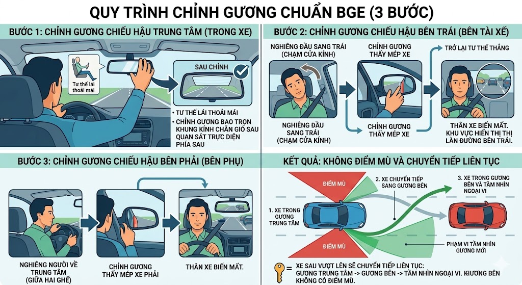 Hướng dẫn c&aacute;ch chỉnh gương xe &ocirc; t&ocirc; chuẩn để x&oacute;a điểm m&ugrave;