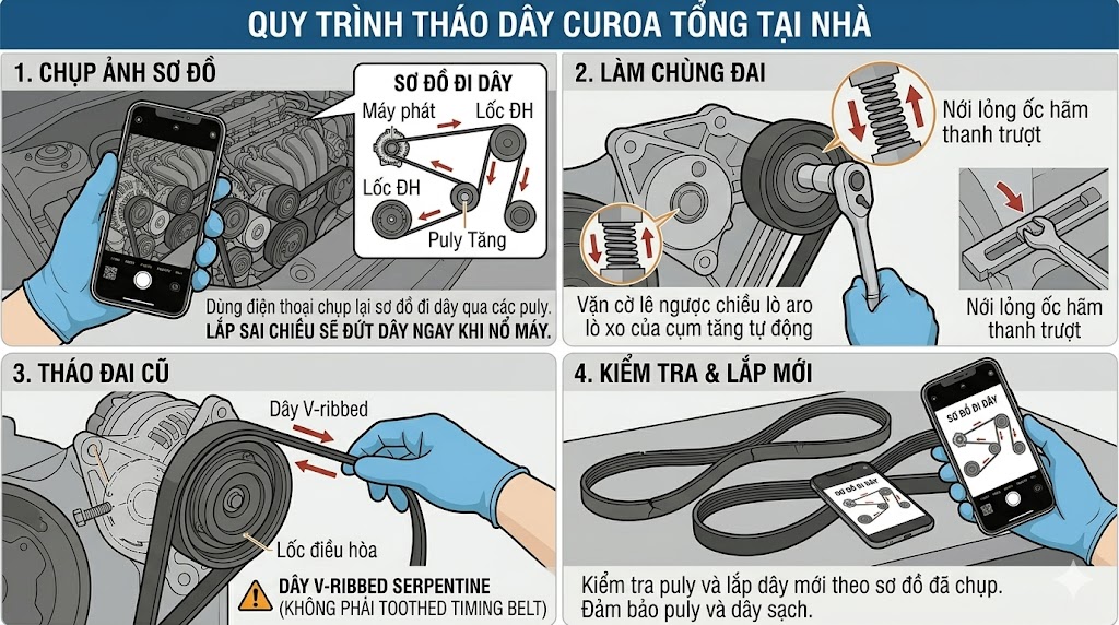 Hướng dẫn c&aacute;ch th&aacute;o d&acirc;y curoa &ocirc; t&ocirc; cơ bản