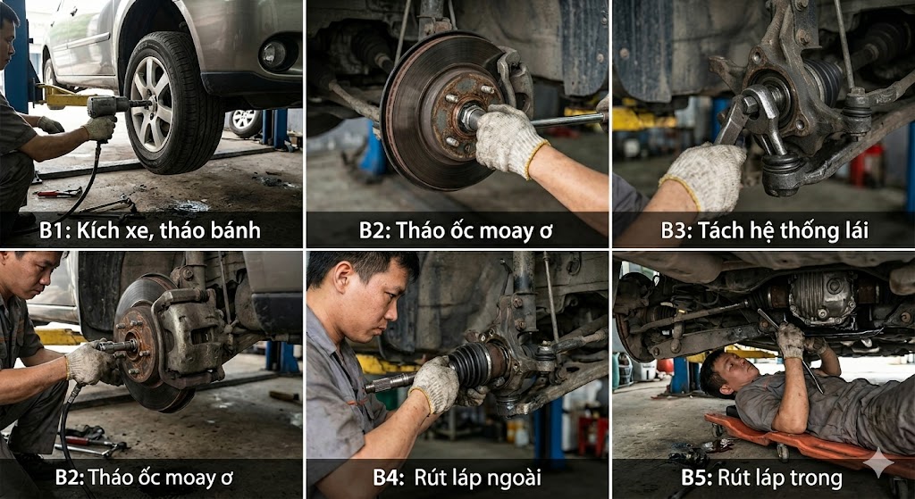 Hướng dẫn c&aacute;ch th&aacute;o trục l&aacute;p &ocirc; t&ocirc; chuy&ecirc;n nghiệp