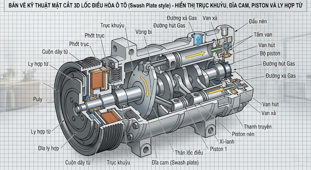 Cấu tạo lốc điều hòa ô tô chi tiết