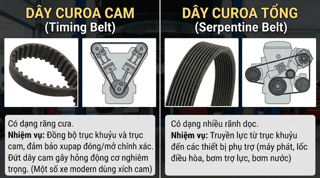 Ph&acirc;n loại d&acirc;y curoa tr&ecirc;n xe &ocirc; t&ocirc;