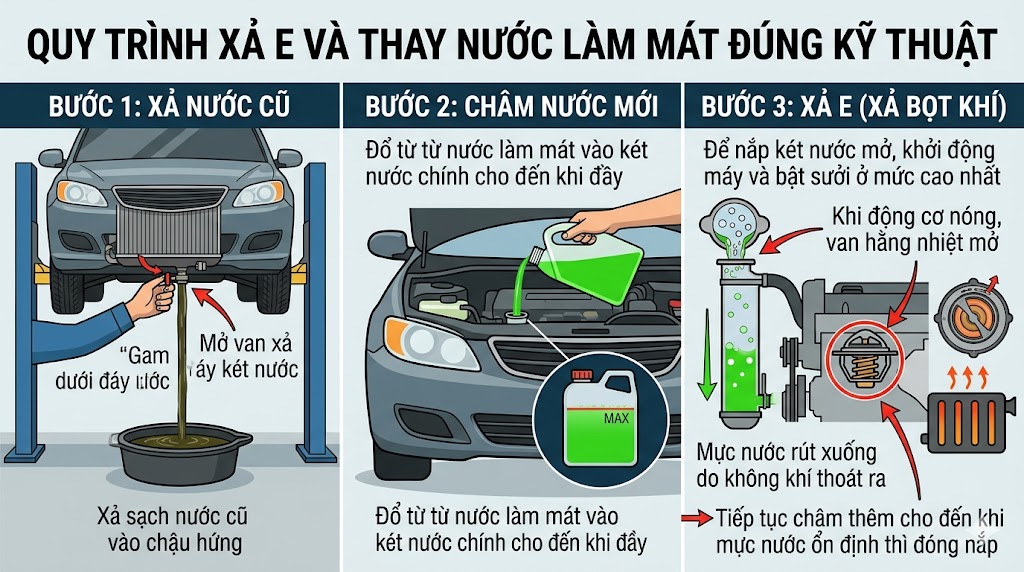 Quy tr&igrave;nh xả E (c&aacute;ch xả bọt kh&iacute;) v&agrave; ch&acirc;m nước đ&uacute;ng kỹ thuật
