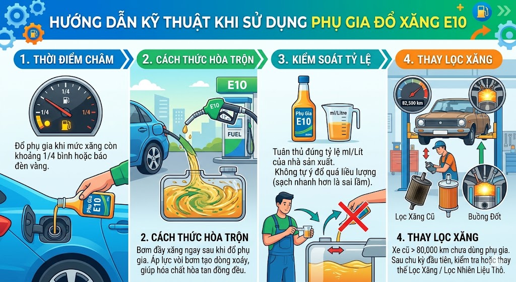 Hướng Dẫn Kỹ Thuật Khi Sử Dụng Phụ Gia Đổ Xăng E10