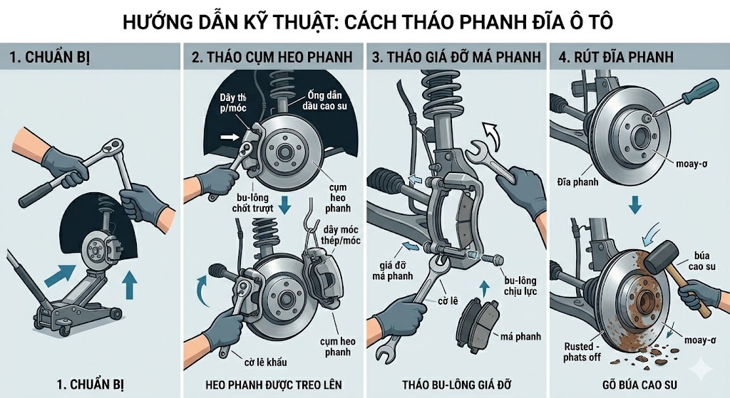 Hướng dẫn kỹ thuật: C&aacute;ch th&aacute;o phanh đĩa &ocirc; t&ocirc;