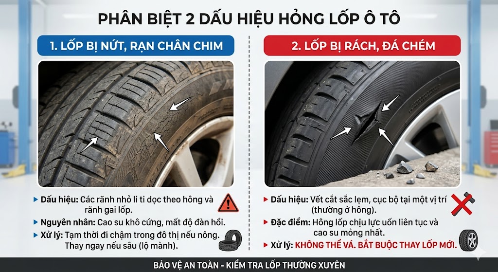 Phân biệt Lốp xe ô tô bị rạn nứt và vỏ xe hơi bị đá chém