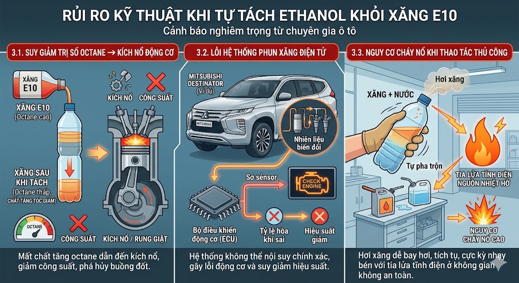 Rủi Ro Kỹ Thuật Khi Tự T&aacute;ch Ethanol Khỏi Xăng E10