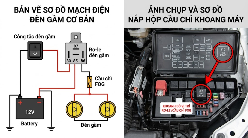 Sơ đồ mạch điện v&agrave; k&yacute; hiệu cầu ch&igrave; đ&egrave;n gầm &ocirc; t&ocirc;