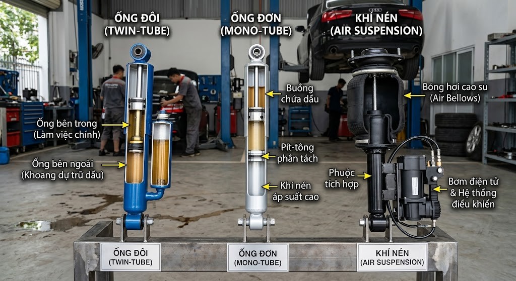 C&aacute;c loại giảm x&oacute;c &ocirc; t&ocirc; phổ biến hiện nay
