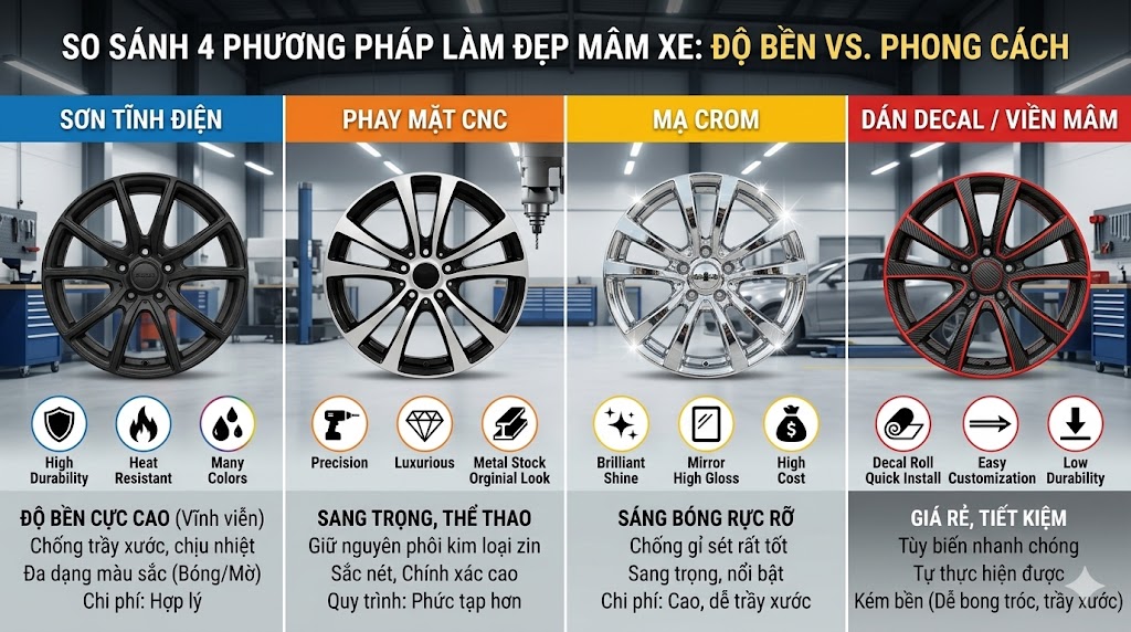 So s&aacute;nh c&aacute;c phương ph&aacute;p l&agrave;m đẹp m&acirc;m: Sơn, Phay CNC, Mạ Crom hay D&aacute;n Decal