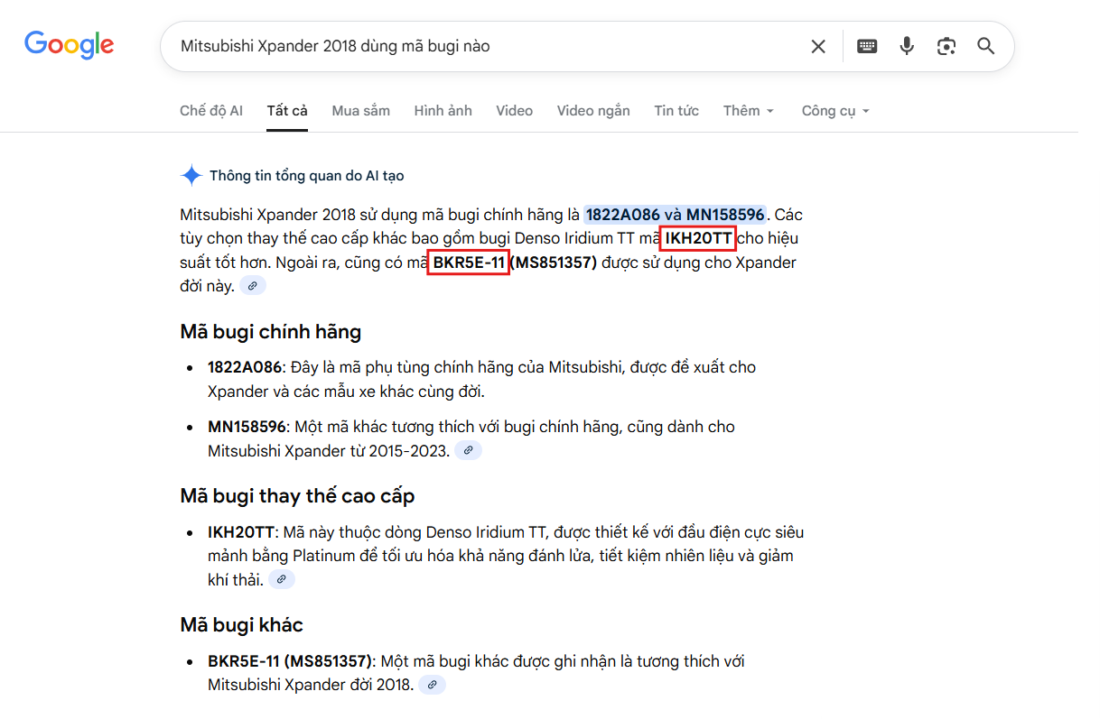 tra cứu thông số bugi ô tô
