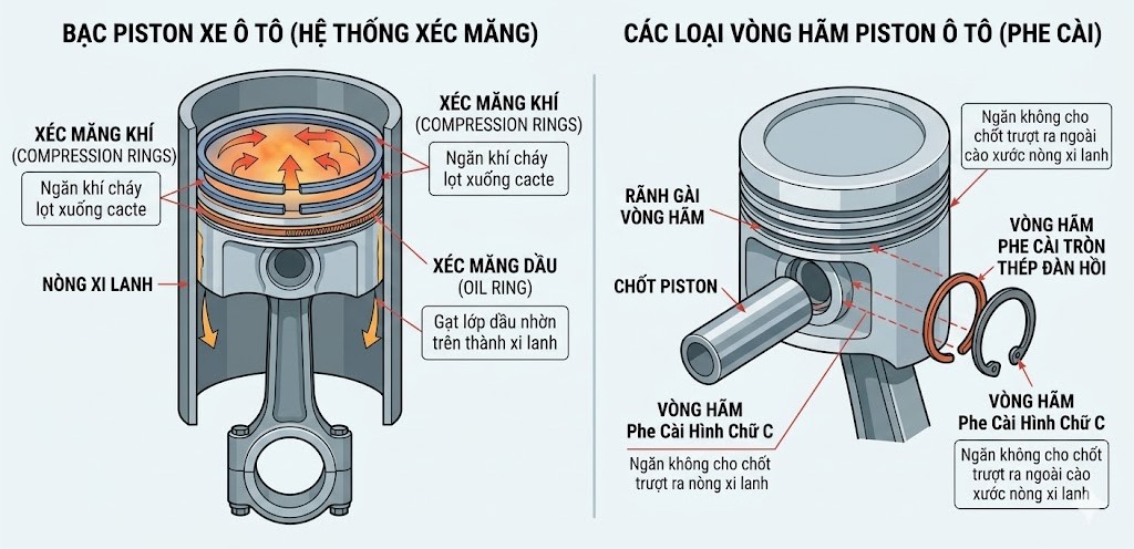 Xéc măng (Bạc piston xe ô tô) & Các loại vòng hãm piston ô tô