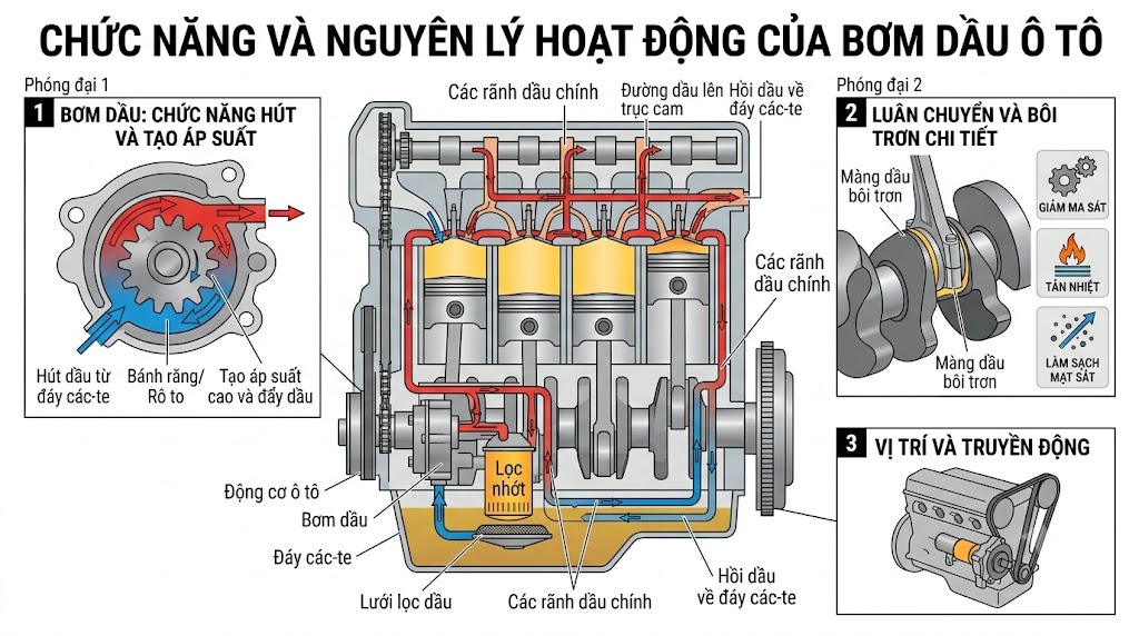 Chức năng Bơm nhớt ô tô (bơm dầu bôi trơn)