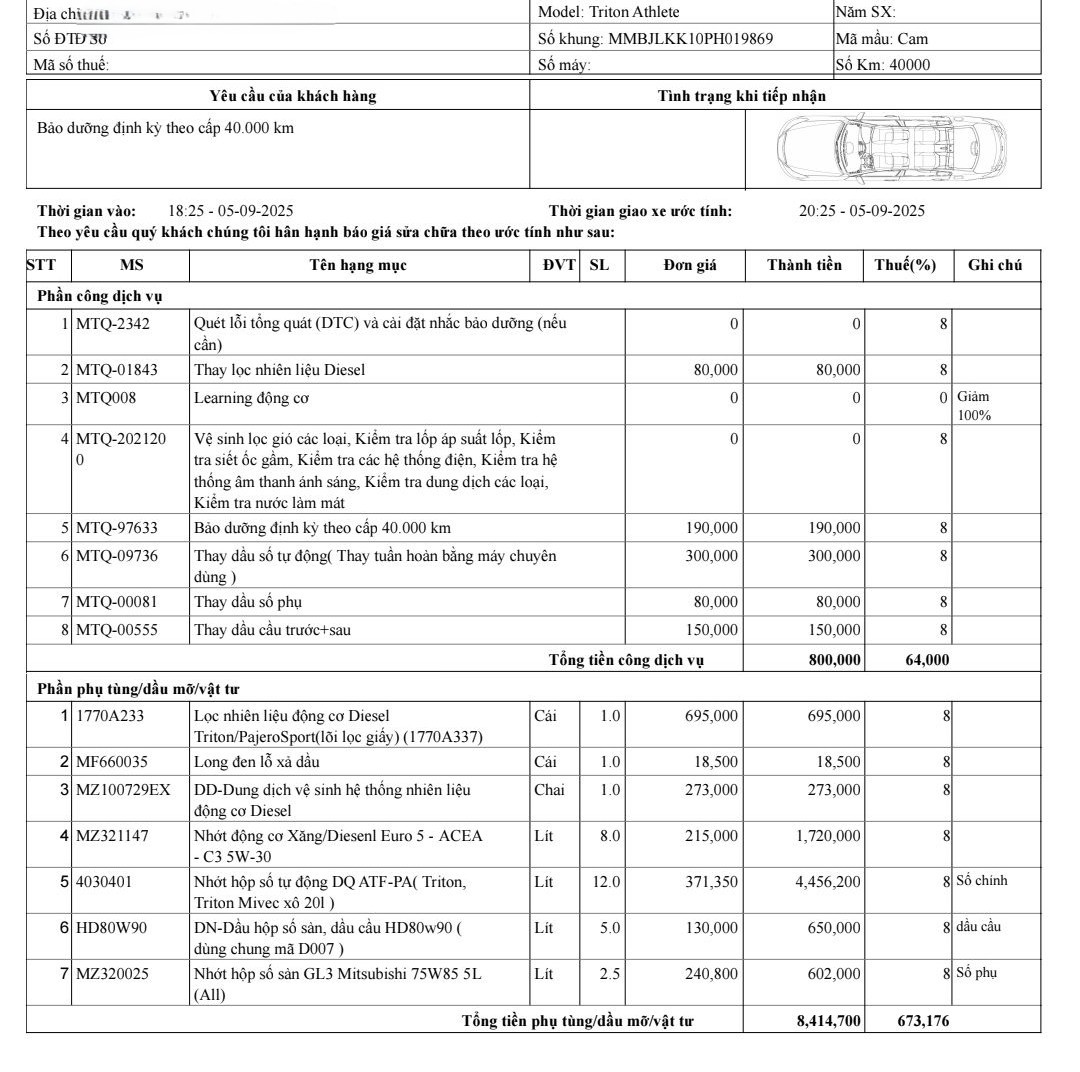Thực tế từ h&oacute;a đơn bảo dưỡng Triton