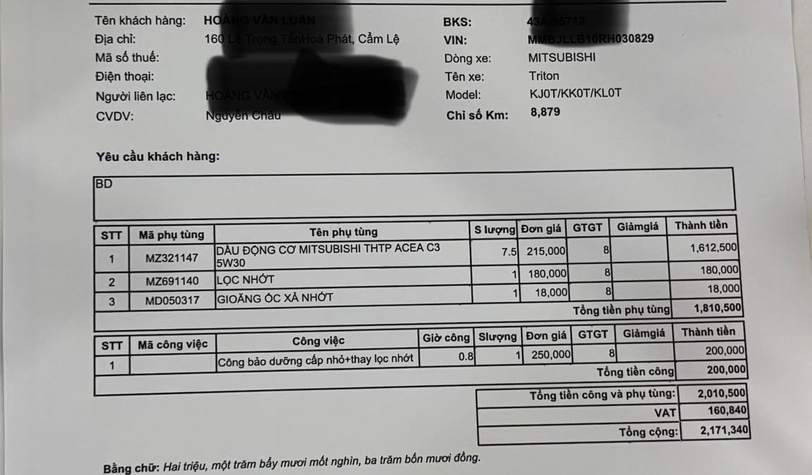 Thực tế từ h&oacute;a đơn bảo dưỡng Triton