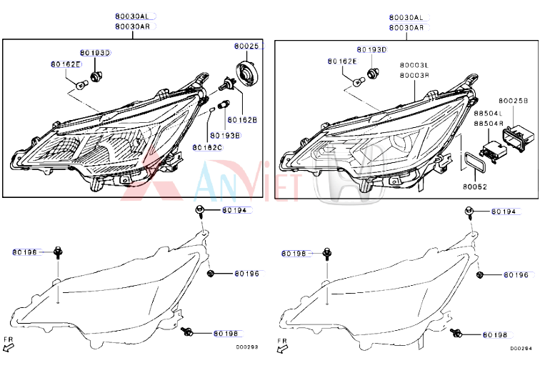 Đèn pha xe Mitsubishi Attrage 8301D453-8301D454-8301D457-8301D458 8301D444-8301D443-8301D447-8301D448 7842A069HA MS820962, MS820968