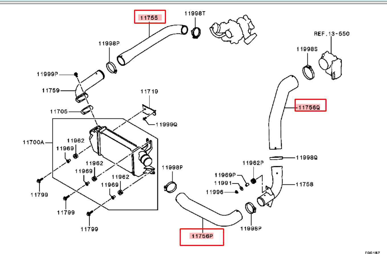 Ống cao su làm mát khí nạp Triton , Mitsubishi Pajero Sports vào két turbo và bướm gas , động cơ 4D16