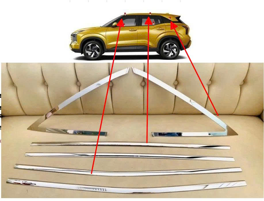Bộ nẹp chân kính phía trên Mitsubishi Xforcer 2024- 2026, Nẹp chân kính mạ Chrome phía trên Xforcer, bộ nẹp chân kính cong C phía trên cánh cửa , 1 bộ 6 miếng 