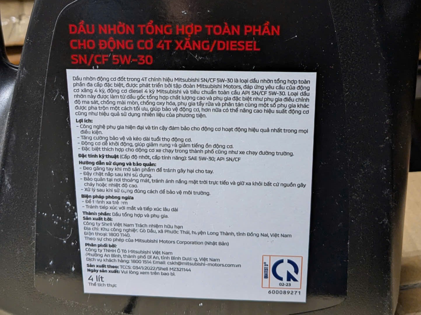 Dầu nhớt máy tổng hợp động cơ xe Mitsubishi loại 5w-30